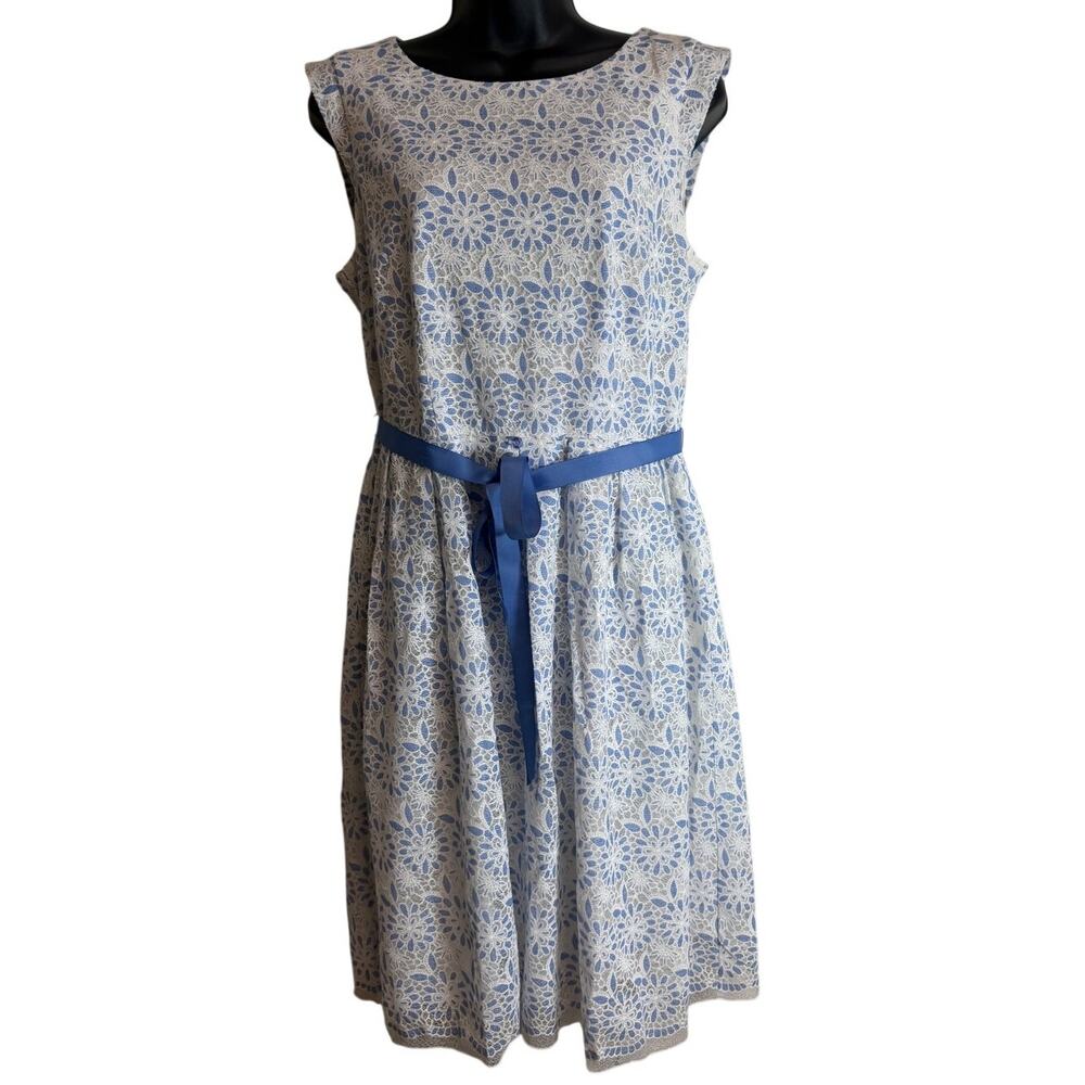 Rabbit Rabbit Rabbit Designs Dress Womens 12 Blue White Floral Lace Fit Flare